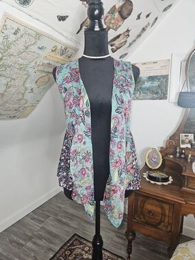 Weavers Floral Open Front Vest in Teal, Pink & Purple